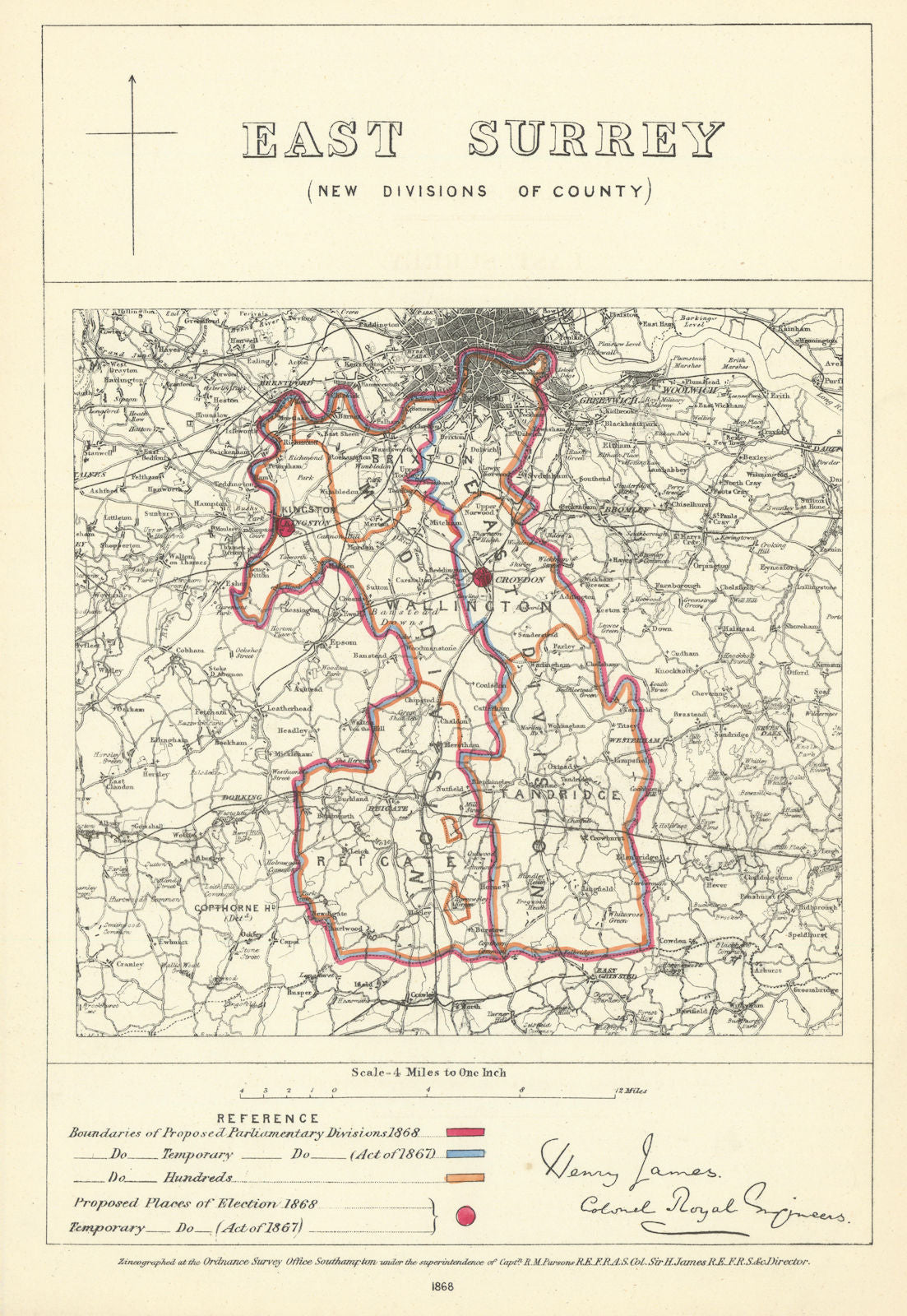 East Surrey (New divisions of County). JAMES. Boundary Commission 1868 old map